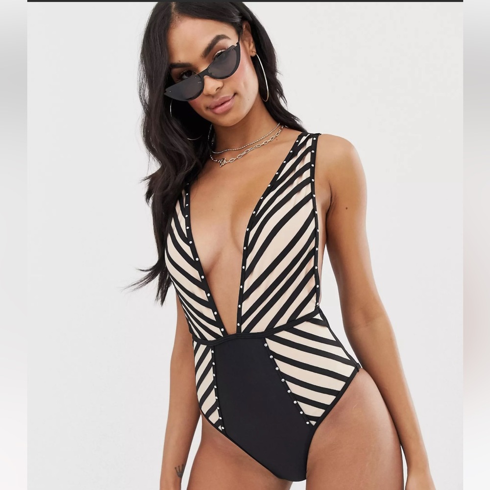 ASOS DESIGN lattice plunge swimsuit with jewel detail in black Size US 10